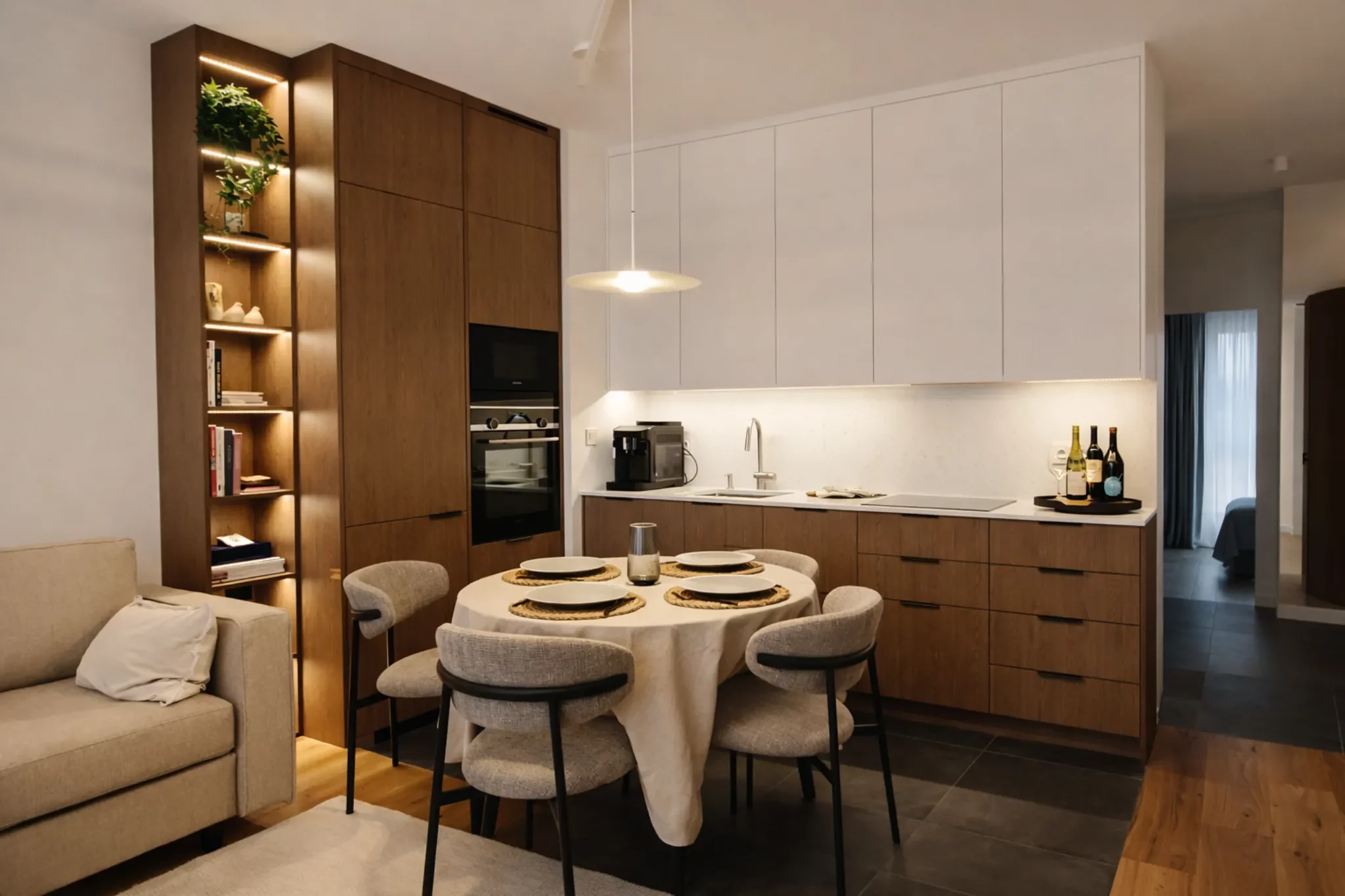 nowoczesna kuchnia z jadalnia drewno biel