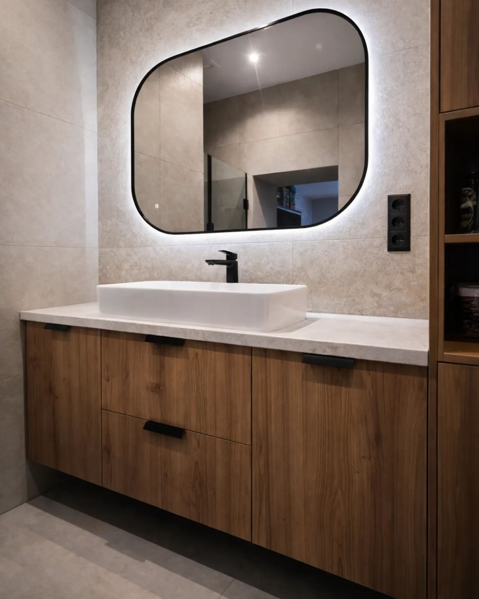 lazienka drewno biala umywalka led